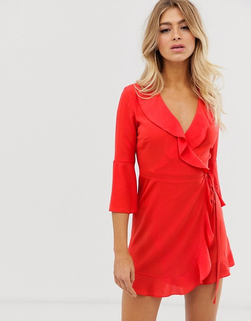 Outrageous Fortune ruffle wrap dress with fluted sleeve in red