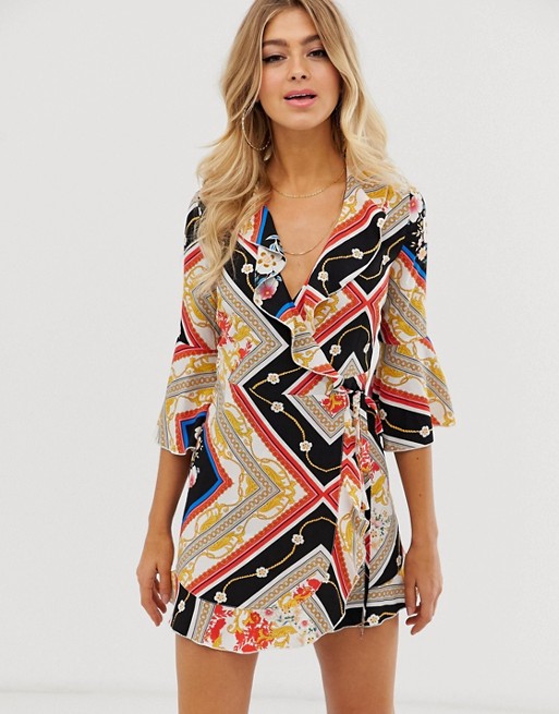 Outrageous Fortune ruffle wrap dress with fluted sleeve in scarf print