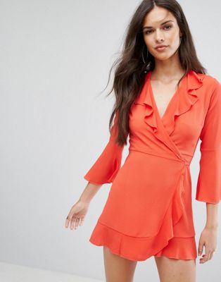 Outrageous Fortune Ruffle Wrap Dress With Fluted Sleeve | ASOS