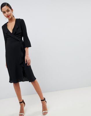 outrageous fortune ruffle wrap dress with fluted sleeve in black