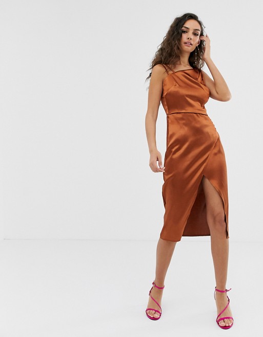 Outrageous Fortune satin asymmetric shoulder dress in chocolate