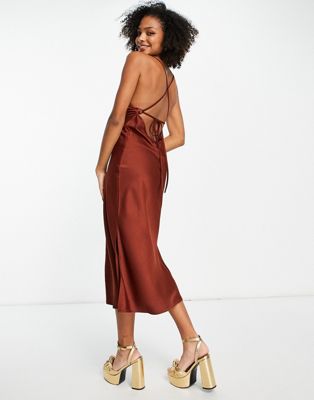 Outrageous Fortune satin midi slip dress in chocolate