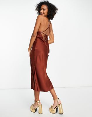 Outrageous Fortune satin midi slip dress in chocolate - ASOS Price Checker