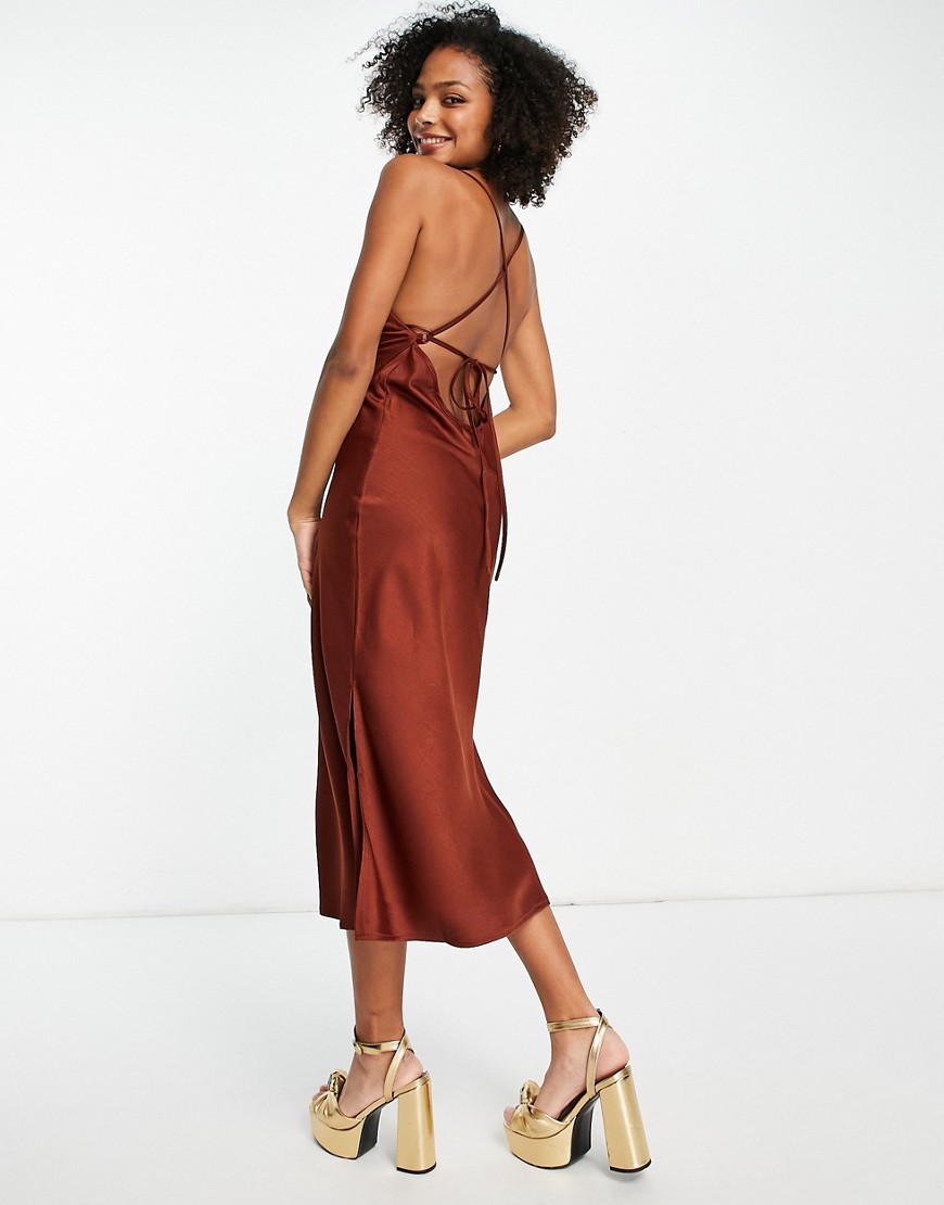 Outrageous Fortune satin midi slip dress in chocolate-Brown