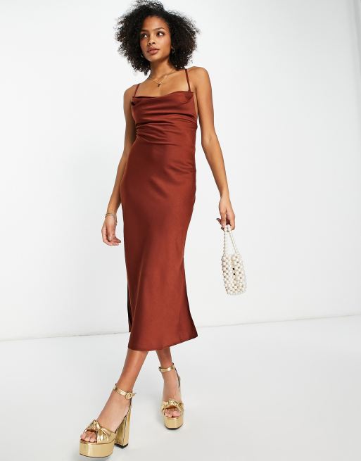 Plus Chocolate Satin Cowl Neck Lace Up Back Midi Slip Dress