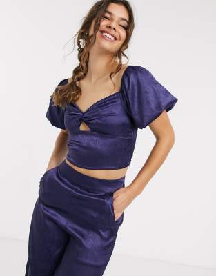satin puff sleeve crop top