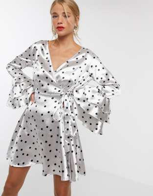 polka dot wrap front ruffle tea dress