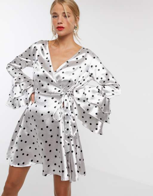 Polka dot wrap front ruffle 2024 tea dress