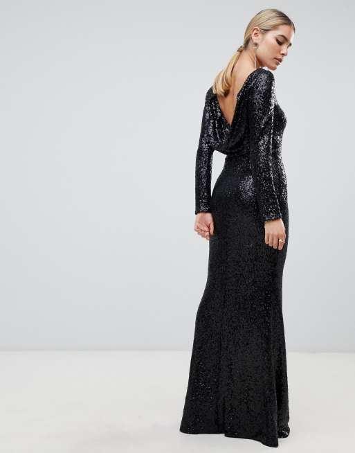 Outrageous Fortune sequin long sleeve maxi dress with cowl back in black