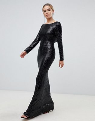 black sequin maxi dress long sleeve