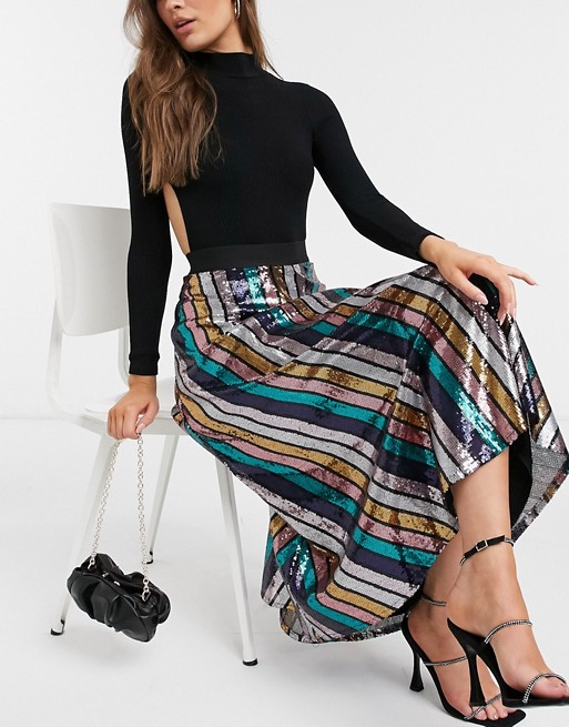 Outrageous Fortune sequin pleated midi skirt in rainbow stripe