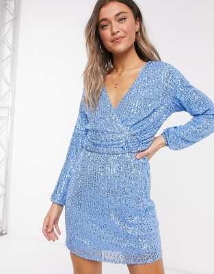 blue sequin wrap dress