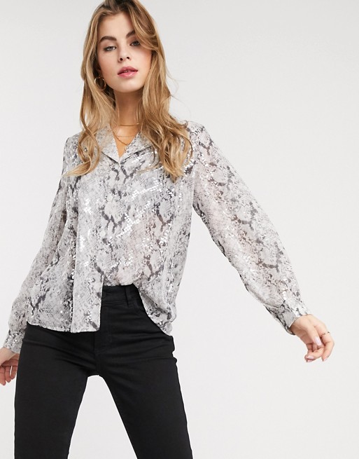 Outrageous Fortune sheer blouse in silver snake print
