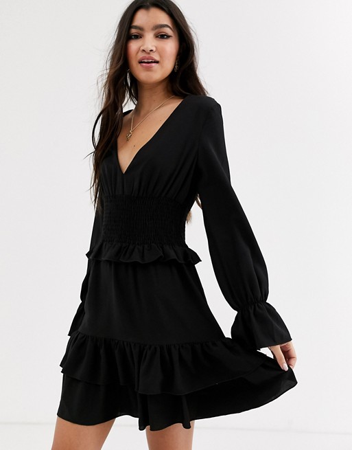 Outrageous Fortune shirred waist layered mini dress in black