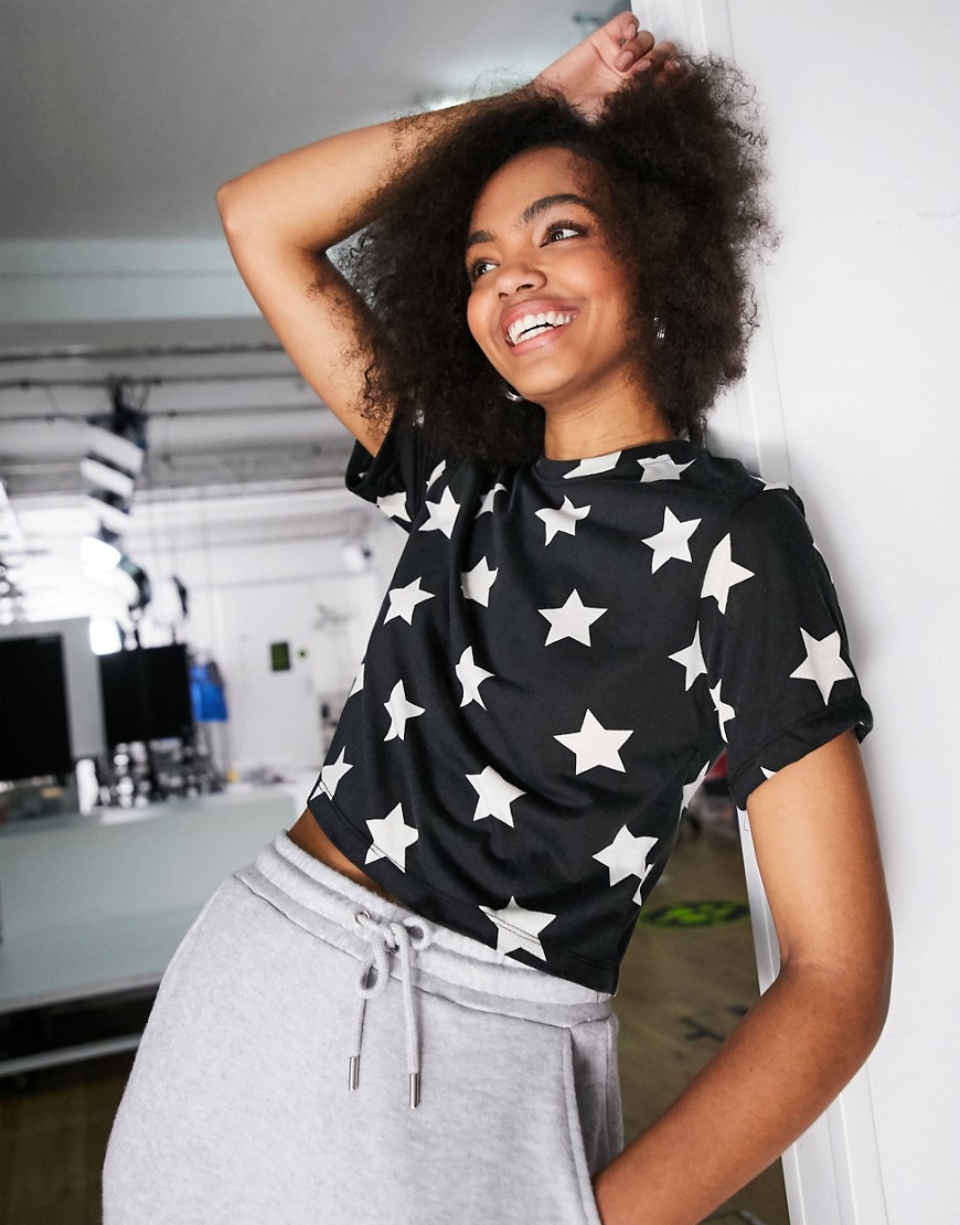 Outrageous Fortune sleepwear cropped t shirt in black star print-Multi