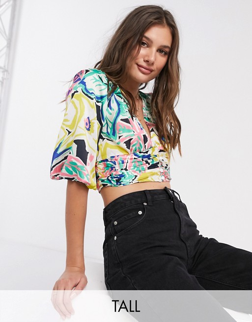 Outrageous Fortune Tall crop top with puff sleeve detail in summer floral print