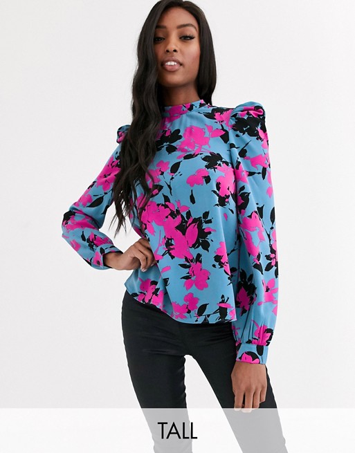 Outrageous Fortune Tall high neck puff sleeve blouse in contrast floral print