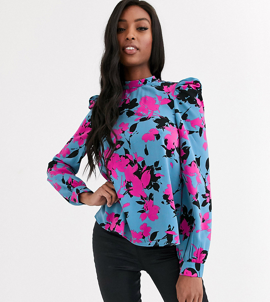 Outrageous Fortune Tall - Hoogsluitende blouse met pofmouwen en contrasterende bloemenprint-Multi
