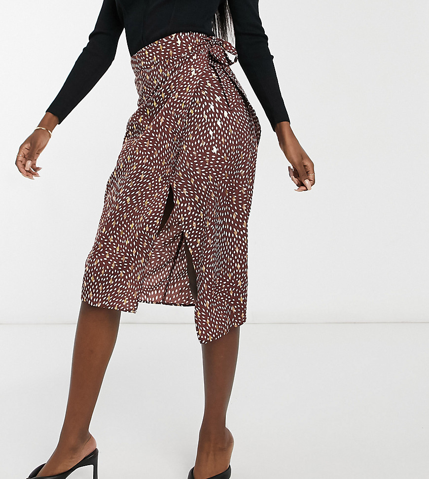 Outrageous Fortune Tall midi skirt with tie side in gold foil print