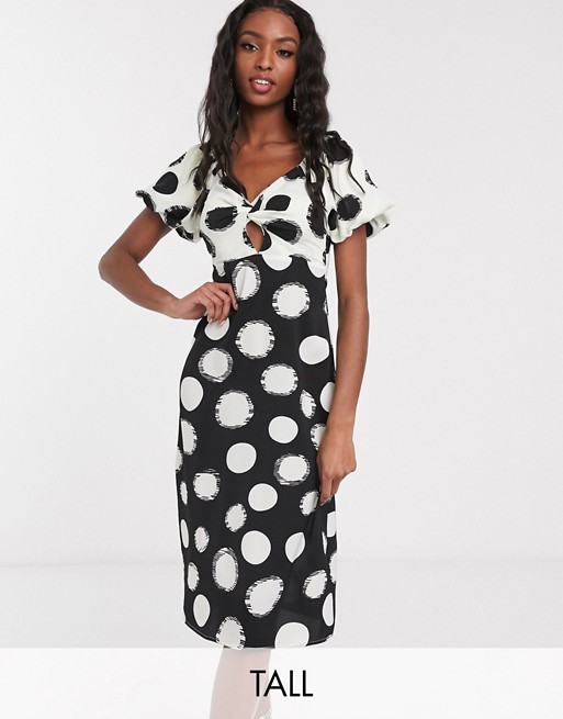 Outrageous Fortune Tall off shoulder contrast knot front midi pencil dress in contrast polka