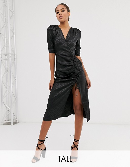 Outrageous Fortune Tall ruched midi dress in tonal black leopard print