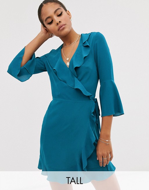 Outrageous Fortune Tall ruffle wrap dress with fluted sleeve in pale blue