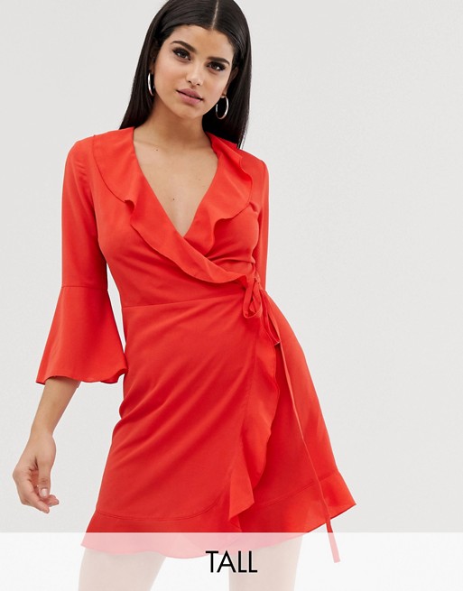 Outrageous Fortune Tall ruffle wrap dress with fluted sleeve in red