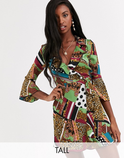 Outrageous Fortune Tall ruffle wrap mini dress with fluted sleeve in scarf print