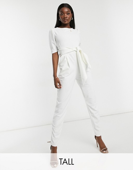 Outrageous Fortune Tall scuba jumpsuit with tie waist in cream