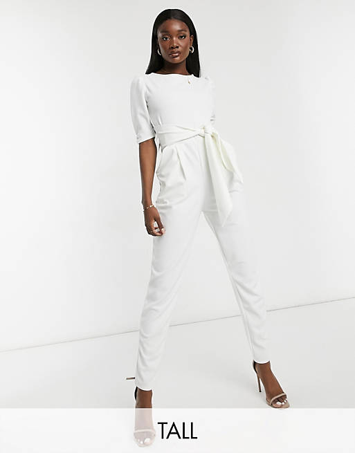 Jumpsuits & Playsuits Outrageous Fortune Tall scuba jumpsuit with tie waist in cream 