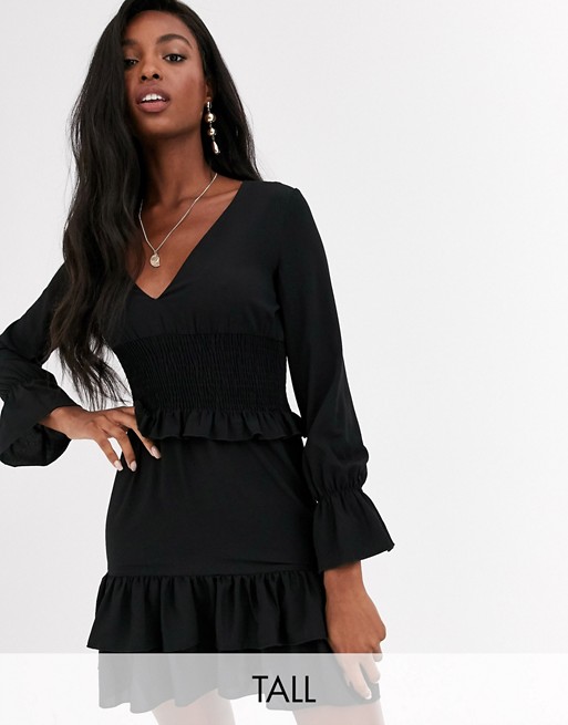 Outrageous Fortune Tall shirred waist layered mini dress in black