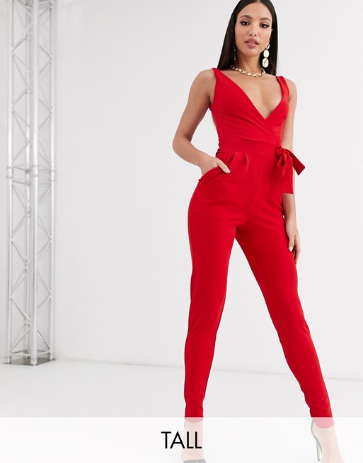 Outrageous Fortune Tall sleeveless fitted jumpsuit with belt in red