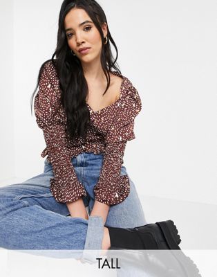 Outrageous Fortune Tall sweetheart top in volume shoulders in brown spot print - ASOS Price Checker