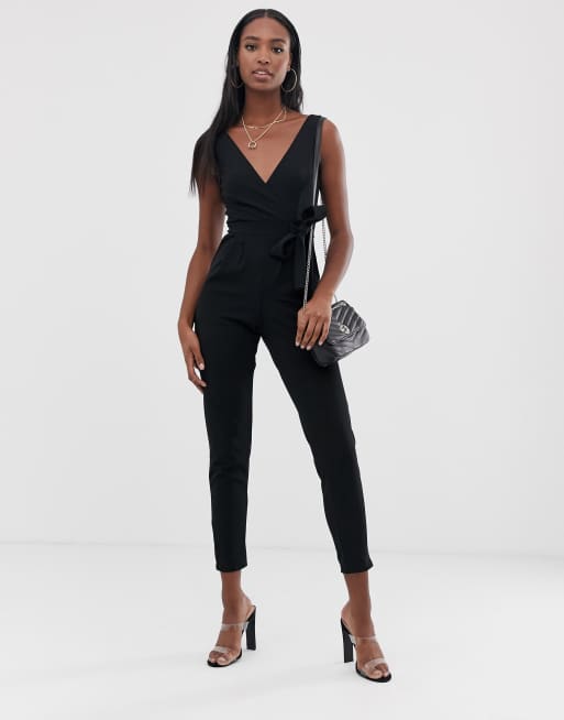 Black High Neck Tie Waist Jumspuit, Petite