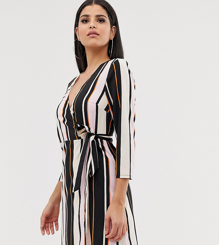 Outrageous Fortune Tall wrap front swing dress with bell sleeves in multi stripe