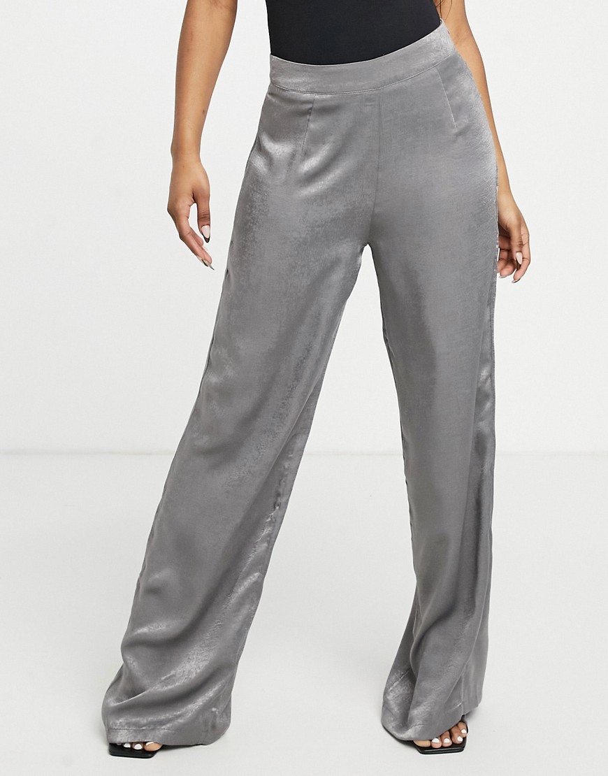 Outrageous Fortune wide leg pants in charcoal satin-Grey