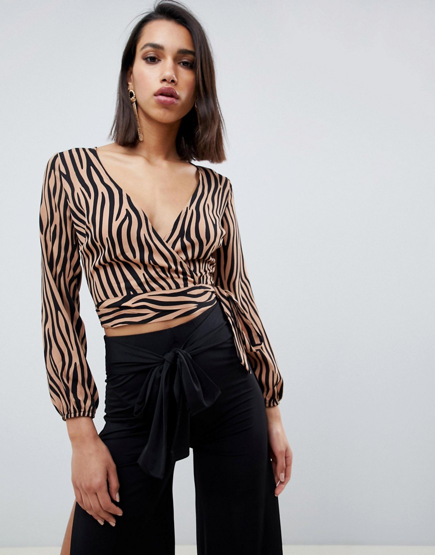Outrageous Fortune wrap front crop top in tan tiger print-Multi