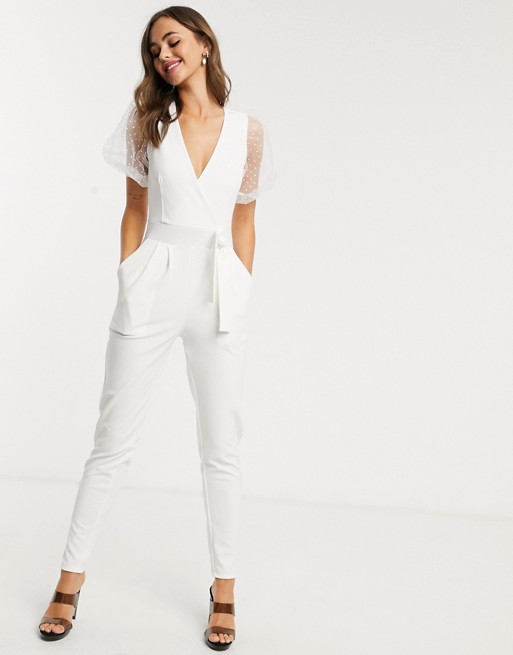 Outrageous Fortune wrap front jumpsuit with organza puff sleeve detail in white