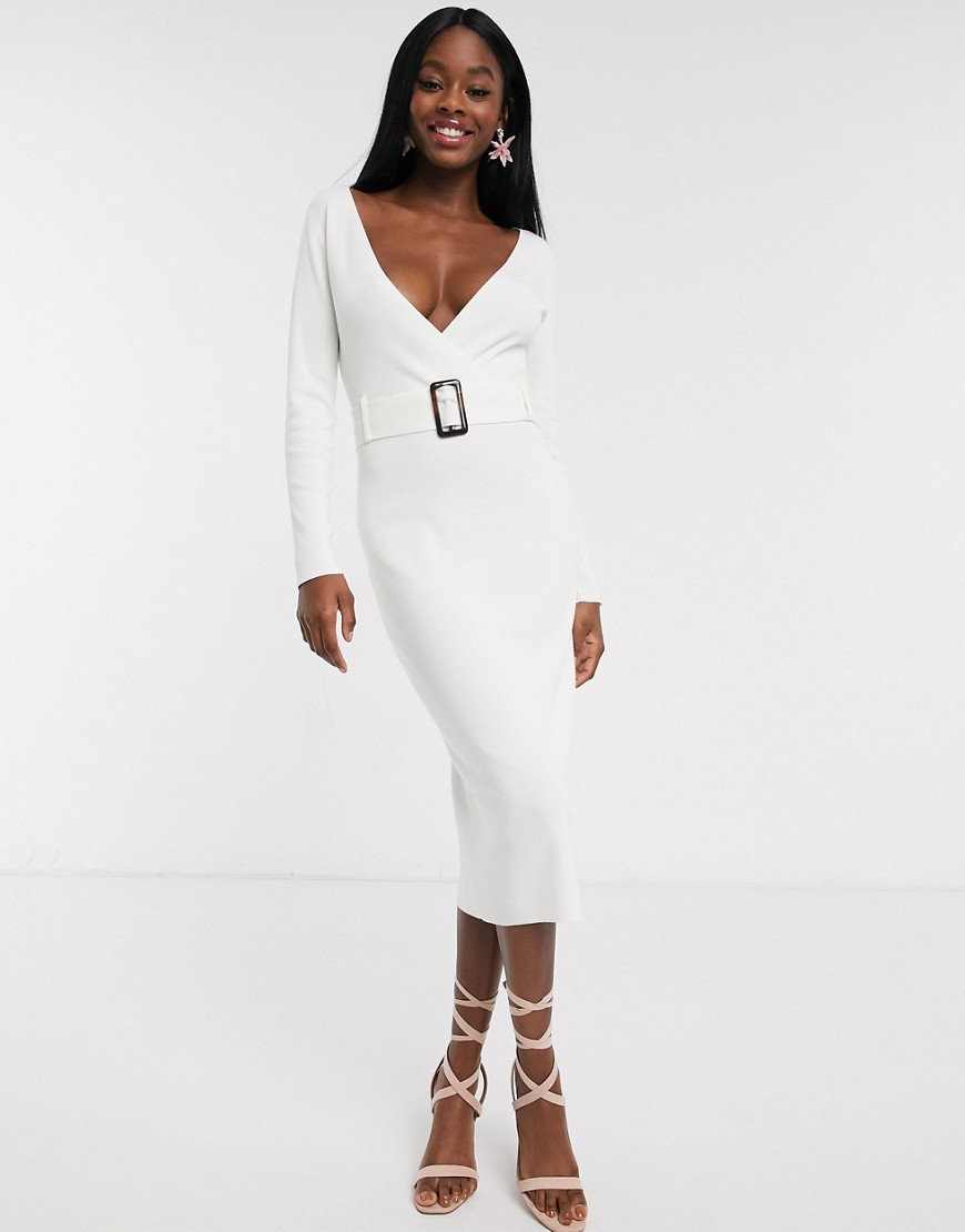 Outrageous Fortune wrap front knitted midi pencil dress with belt detail-Cream