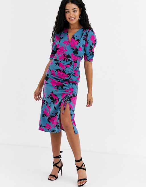 Outrageous Fortune wrap front ruched midi dress in contrast floral print