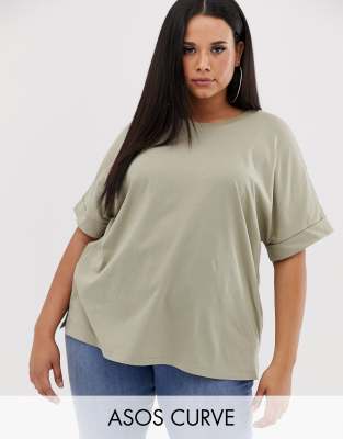 фото Oversize-футболка бойфренда цвета хаки с отворотами на рукавах asos design curve-зеленый asos curve