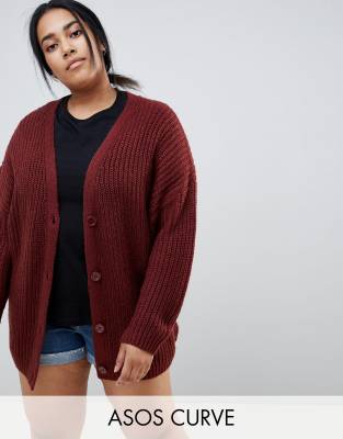 фото Oversize-кардиган крупной вязки в рубчик на пуговицах asos design curve-красный asos curve