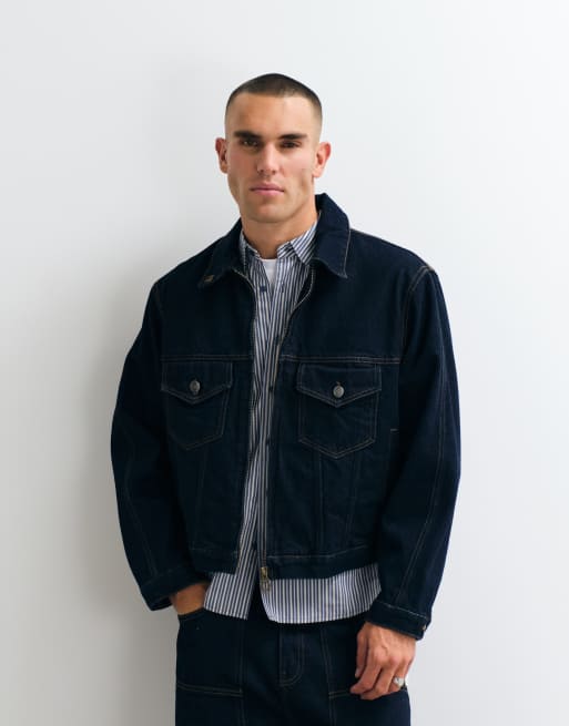 Oversize set med jeansjacka med dragkedja i rå blå indigo, 5 av 5