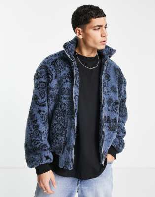  Oversized-бомбер из искусственного меха с принтом пейсли ASOS DESIGN-Темно-синий
