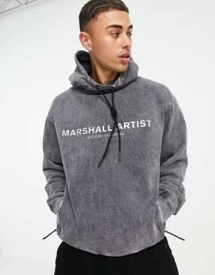 фото Oversized-худи серого цвета с эффектом кислотной стирки и светоотражающим логотипом marshall artist-серый