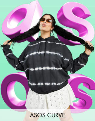 фото Oversized-худи в полоску с монохромным принтом тай-дай asos design curve-многоцветный asos curve