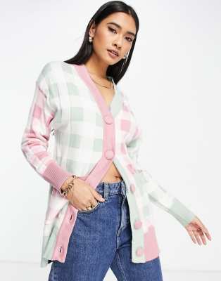 фото Oversized-кардиган в клетку в стиле колор блок neon rose-розовый цвет