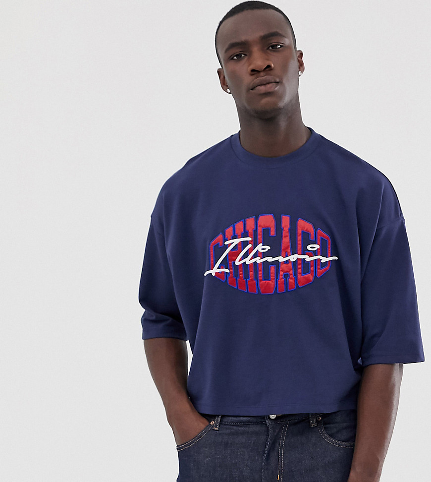 Oversized kort T-shirt i piqué med by-broderi fra ASOS DESIGN Tall-Marineblå