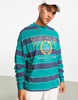 Футболки в полоску Oversized-лонгслив синего и зеленого цветов с принтом Florida спереди ASOS DESIGN-Разноцветный
