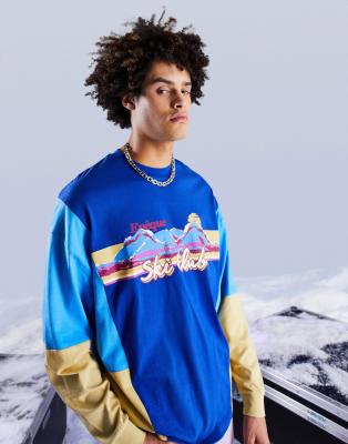 фото Oversized-лонгслив в стиле колор блок синего и зеленого цветов с принтом на груди asos design-темно-синий